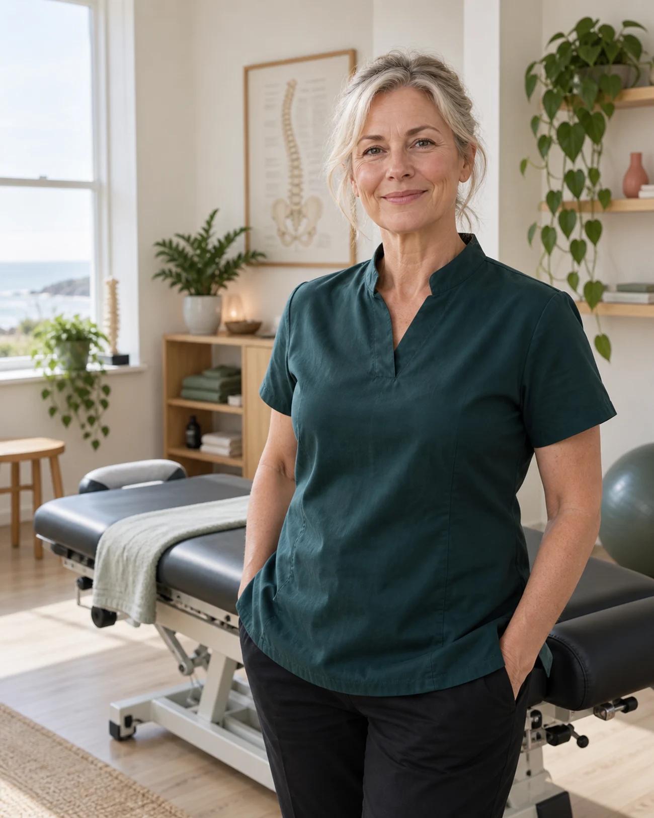 A clinic owner smiling in her treatment room.